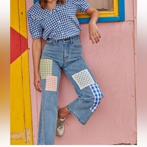 Ghanda Cameron High Rise Wide Leg Patchwork Denim Jeans Retro Boho 25 26 XS 0 2